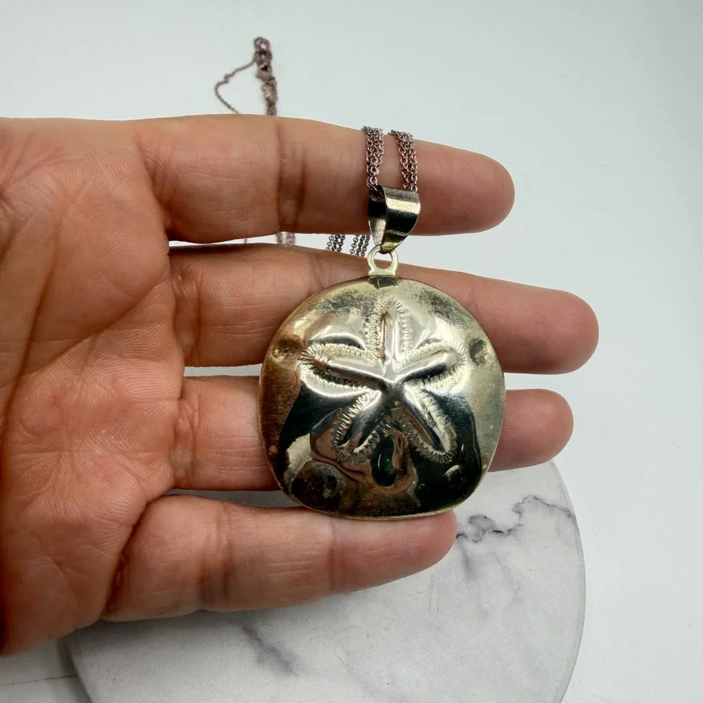 Necklace Sand Dollar Pendant Vintage Gold Tone Chain Organza Ribbon Cord Set